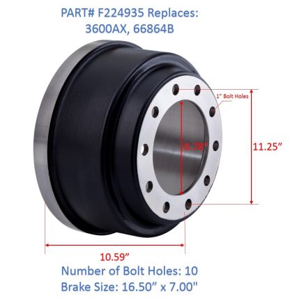 F 3600AX BRAKE DRUM BALANCED FOR BRAKE SIZE 16.5” X 7”- 3600A, 66864B, 3922X