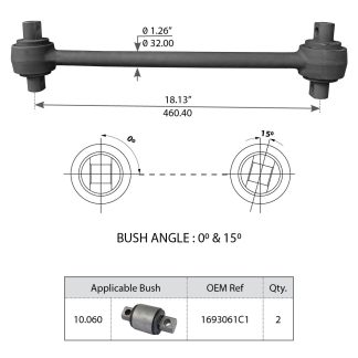 Fortpro Torque Rod with Bushing Compatible with International-Navistar Rear Single/Tandem Axle Corporate Air Z Beam, Corporate 4 Spring 8100/9200 Single Axle Series Trucks Replaces 493920C2 | F306910