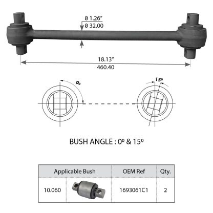 Fortpro Torque Rod with Bushing Compatible with International-Navistar Rear Single/Tandem Axle Corporate Air Z Beam, Corporate 4 Spring 8100/9200 Single Axle Series Trucks Replaces 493920C2 | F306910
